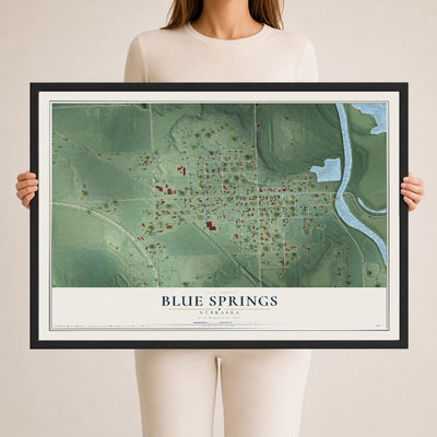 Map of Blue Springs, Nebraska, 24 x 36 inch print in a black wood frame