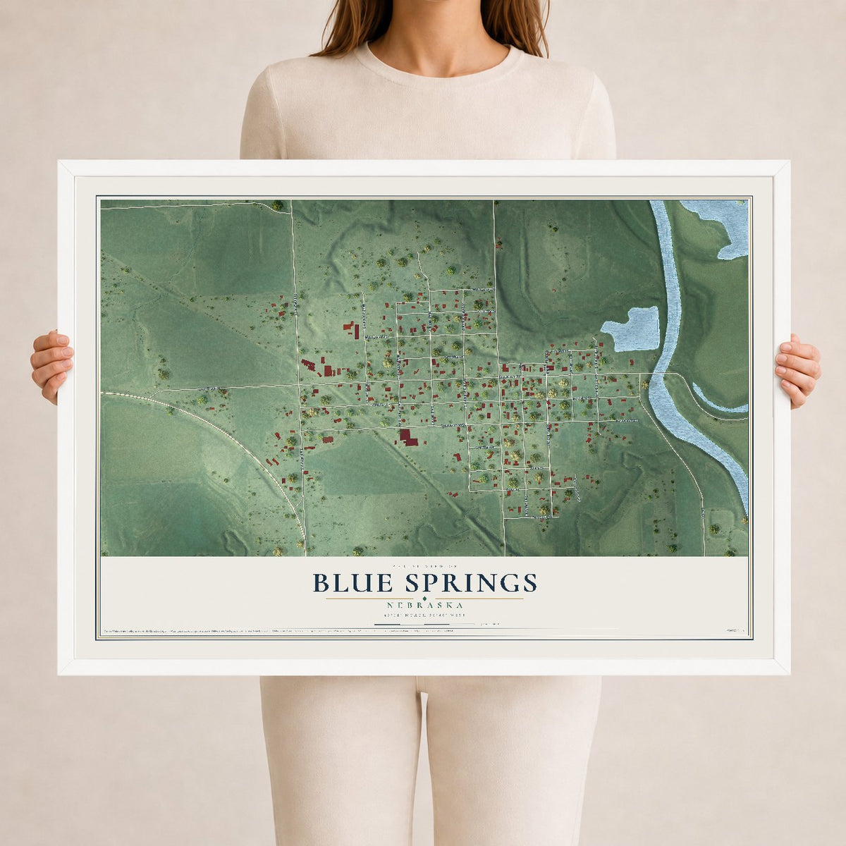Map of Blue Springs, Nebraska, 24 x 36 inch print in a white wood frame