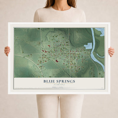 Map of Blue Springs, Nebraska, 24 x 36 inch print in a white wood frame