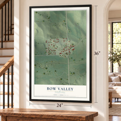 Bow Valley, Nebraska map, 24 x 36 inch print in a black frame by a staircase