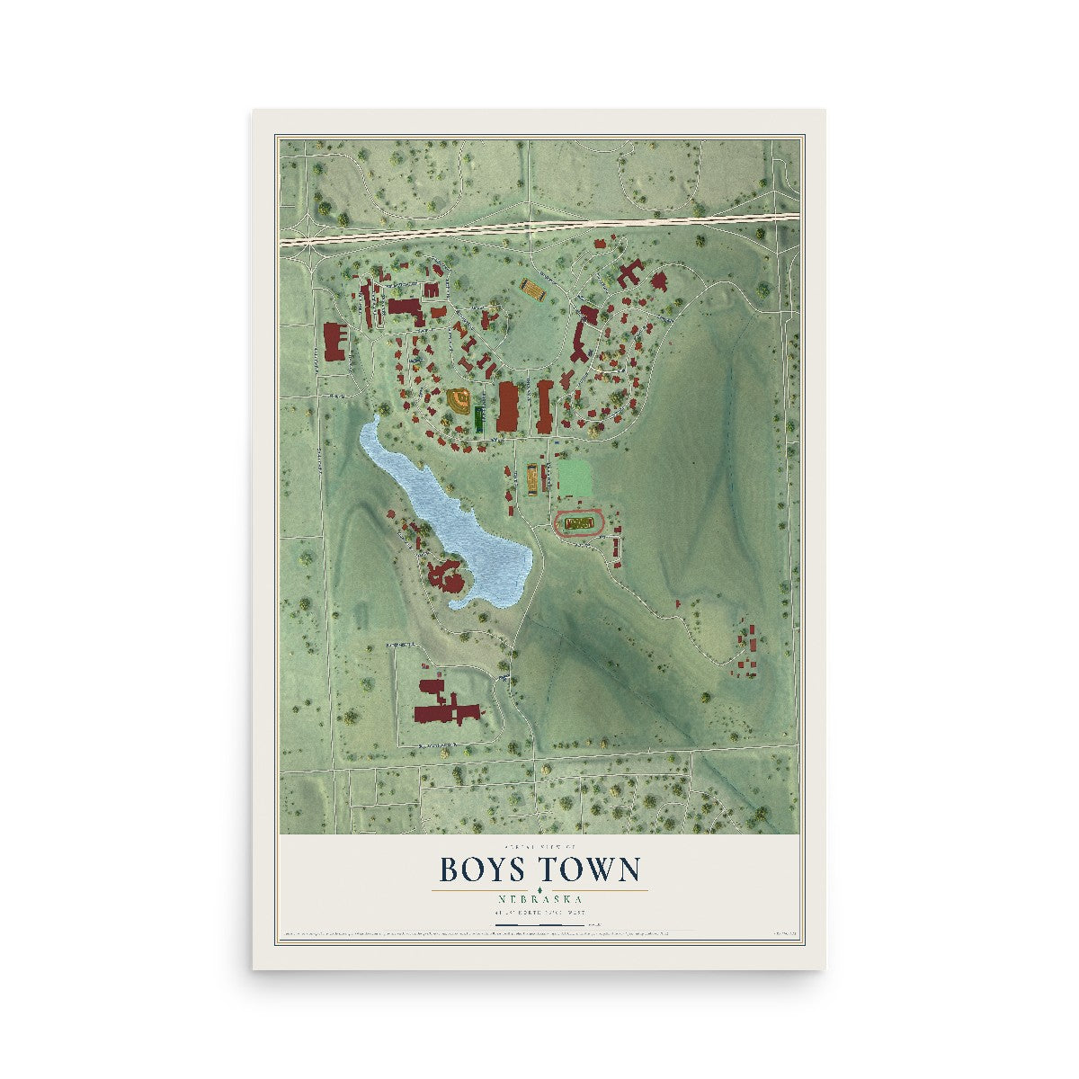 Map of Boys Town, Nebraska, 12 x 18 inch unframed archival matte print