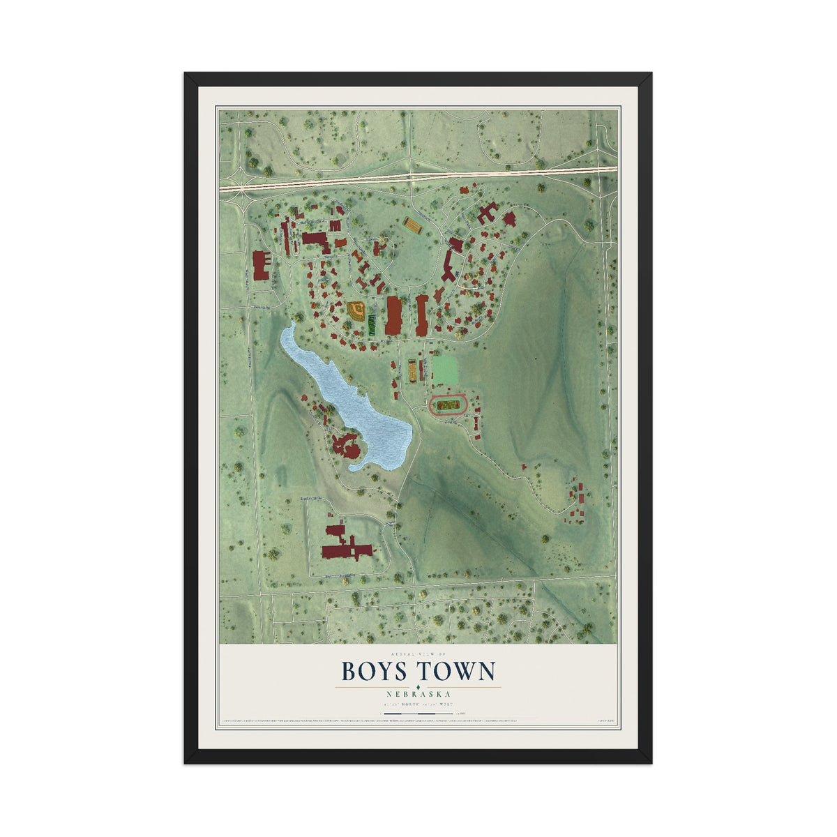 Map of Boys Town, Nebraska, 12 x 18 inch print in a black wood frame