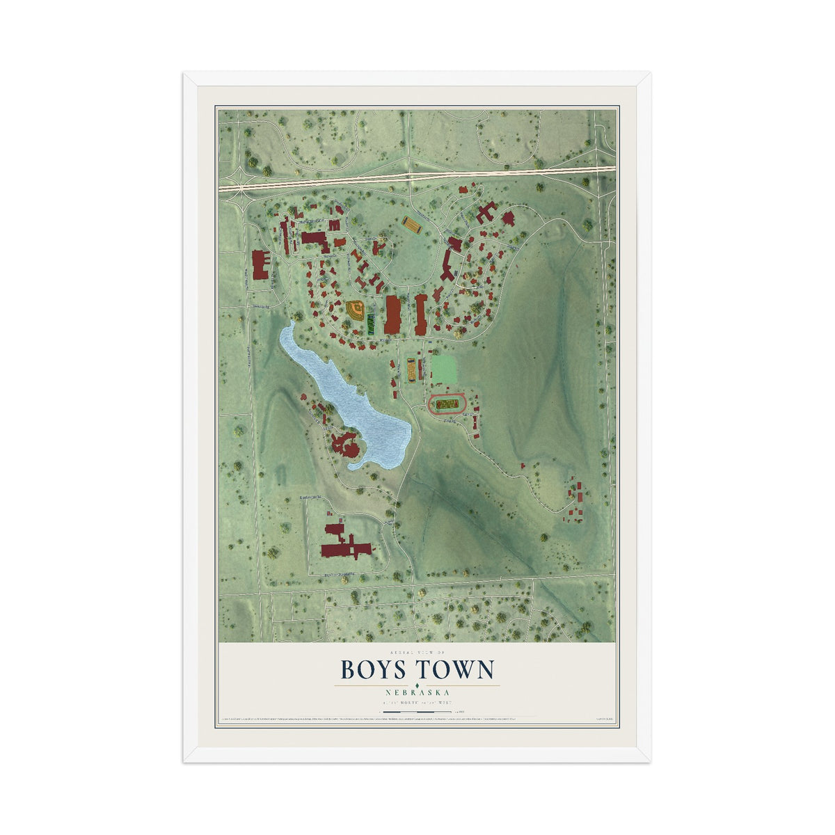 Map of Boys Town, Nebraska, 12 x 18 inch print in a white wood frame