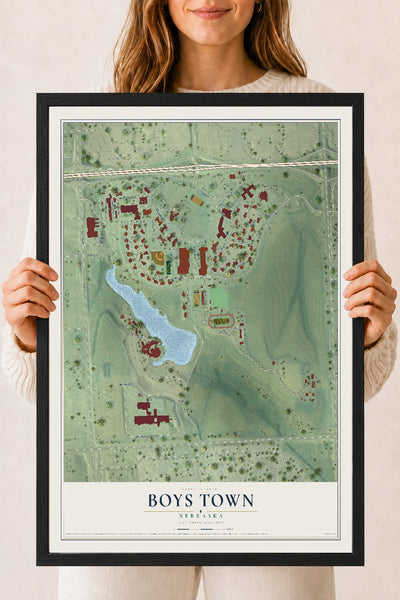 Map of Boys Town, Nebraska, 18 x 24 inch print in a black wood frame