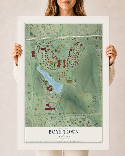 Map of Boys Town, Nebraska, 24 x 36 inch print in a white wood frame