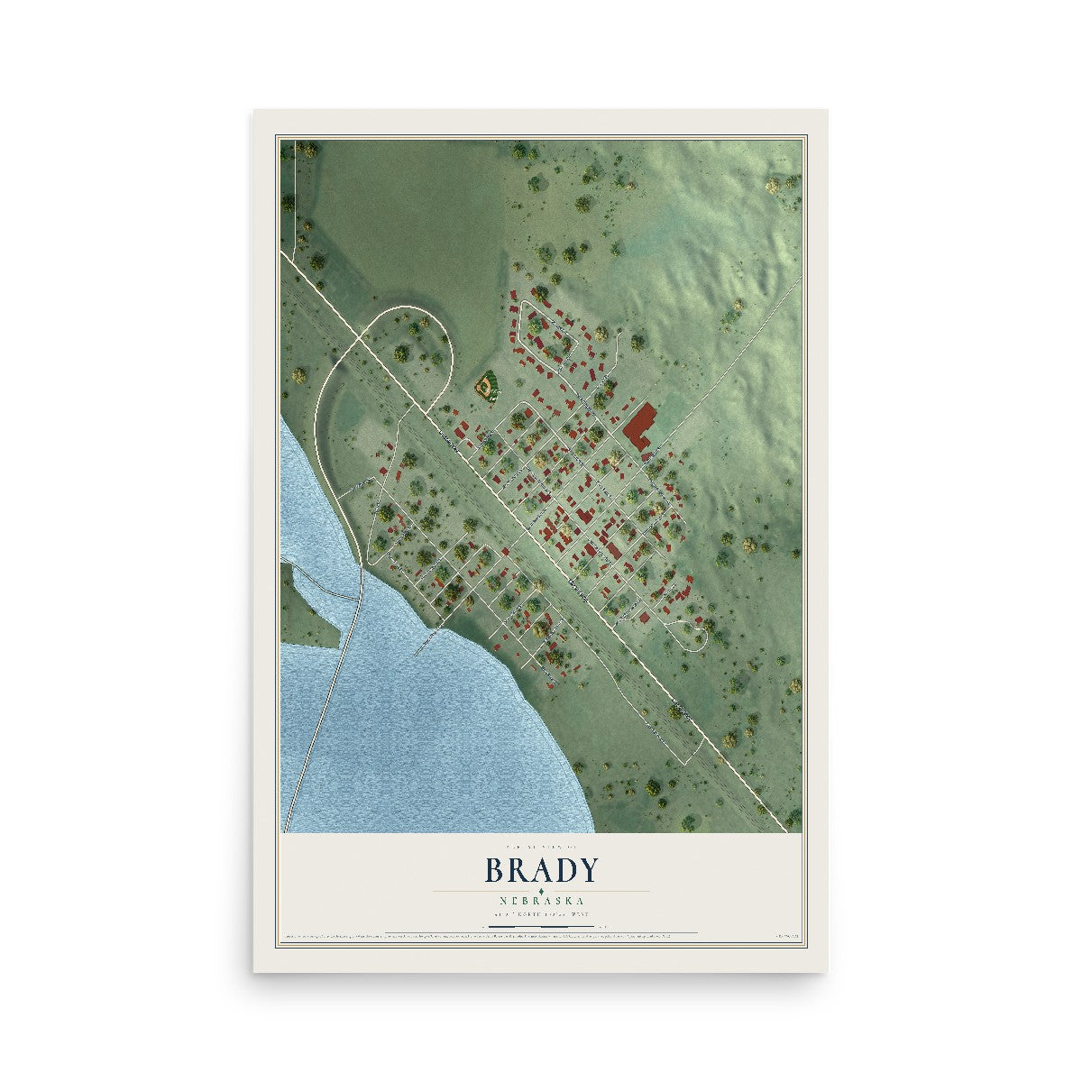 Map of Brady, Nebraska, 12 x 18 inch unframed archival matte print