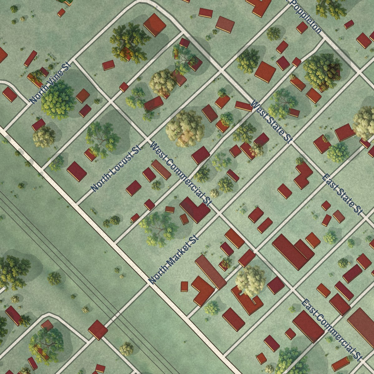 Close-up of the map of Brady, Nebraska print showing street and building detail