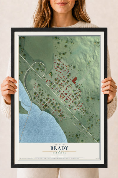Map of Brady, Nebraska, 18 x 24 inch print in a black wood frame