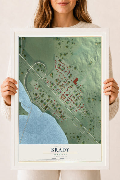 Map of Brady, Nebraska, 18 x 24 inch print in a white wood frame