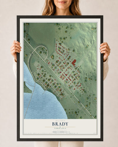 Map of Brady, Nebraska, 24 x 36 inch print in a black wood frame