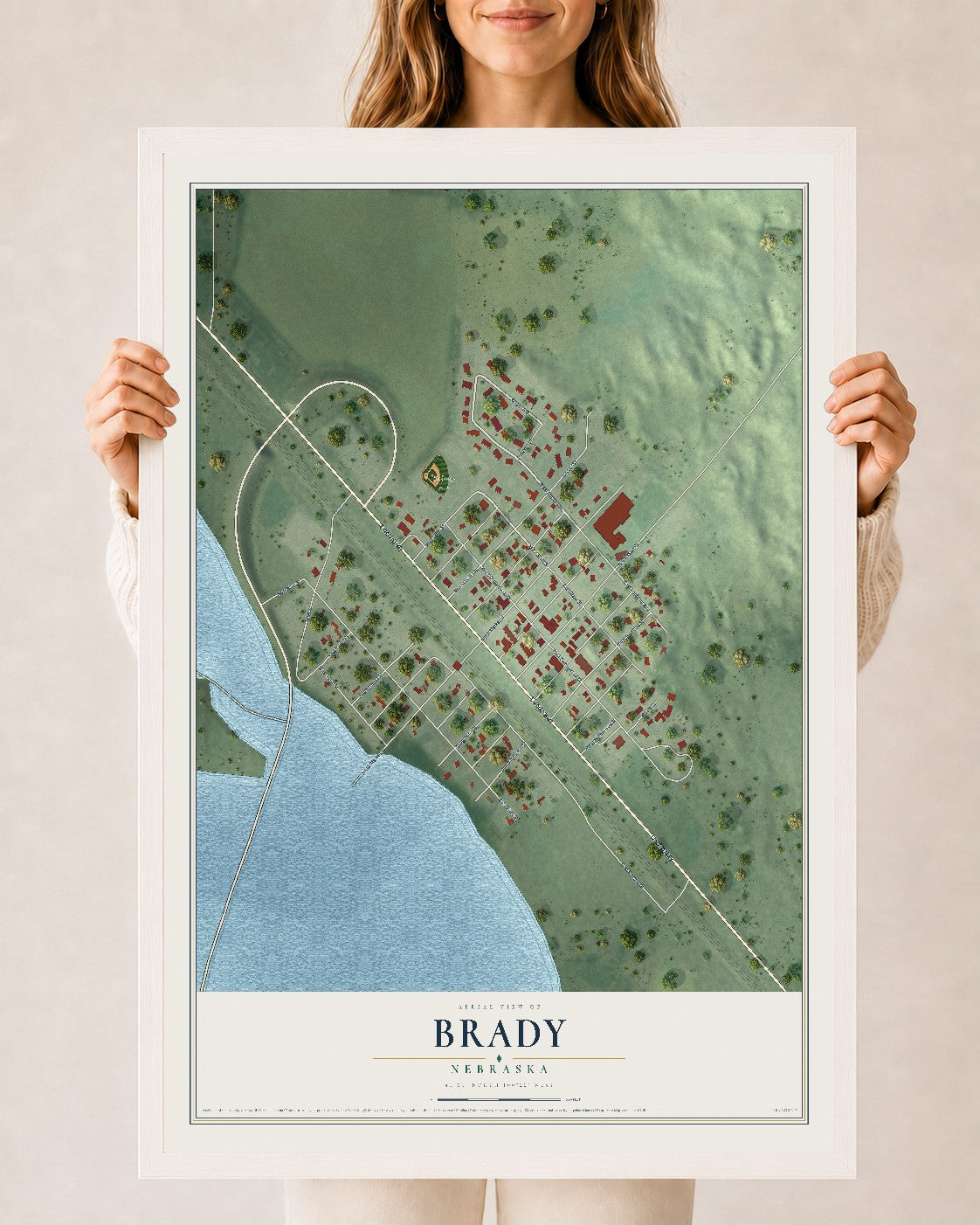 Map of Brady, Nebraska, 24 x 36 inch print in a white wood frame