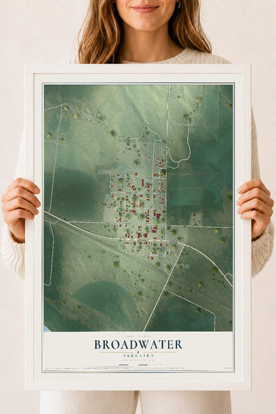 Map of Broadwater, Nebraska, 18 x 24 inch print in a white wood frame