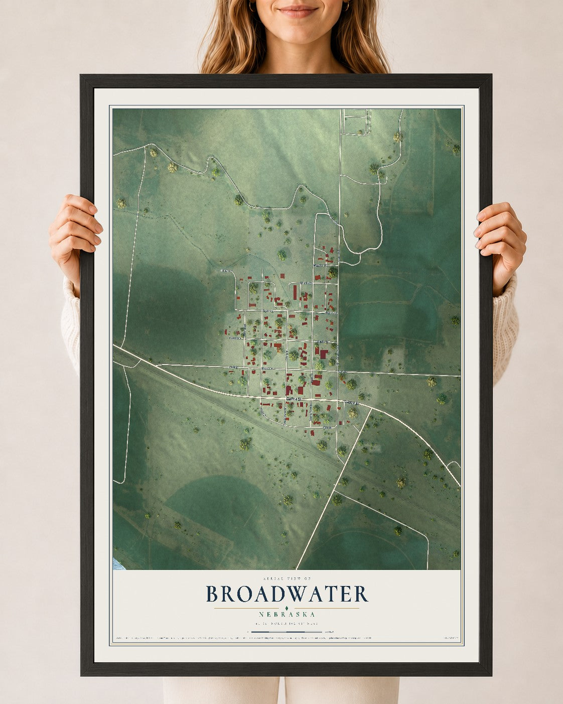 Map of Broadwater, Nebraska, 24 x 36 inch print in a black wood frame