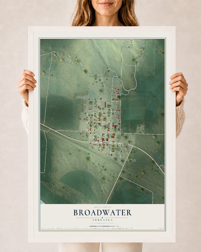 Map of Broadwater, Nebraska, 24 x 36 inch print in a white wood frame