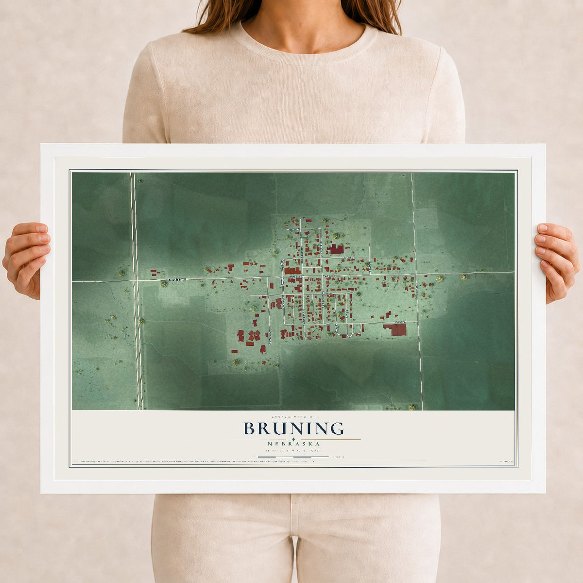 Map of Bruning, Nebraska, 12 x 18 inch print in a white wood frame