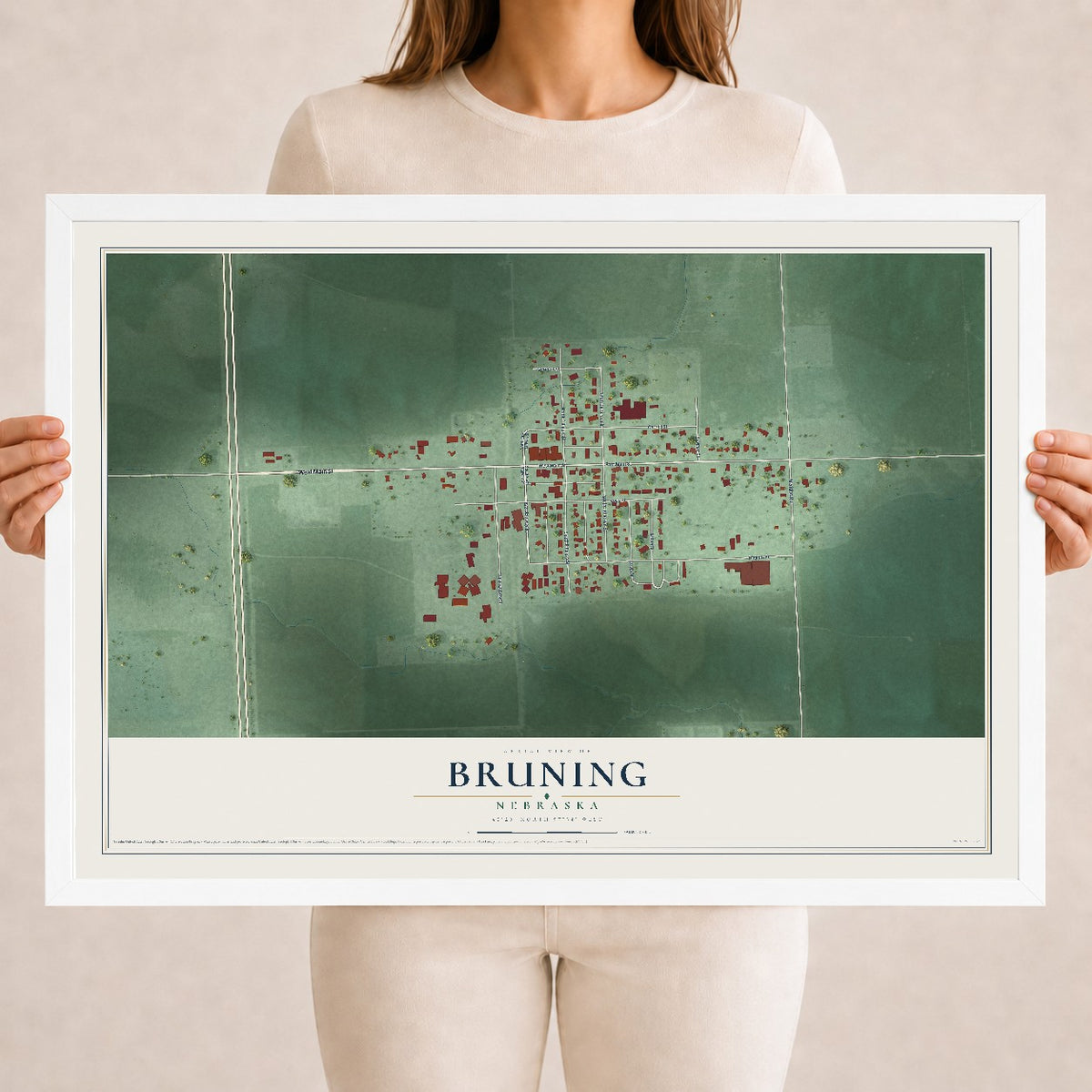 Map of Bruning, Nebraska, 18 x 24 inch print in a white wood frame