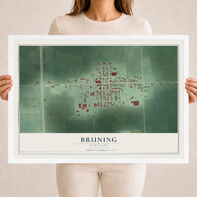 Map of Bruning, Nebraska, 18 x 24 inch print in a white wood frame