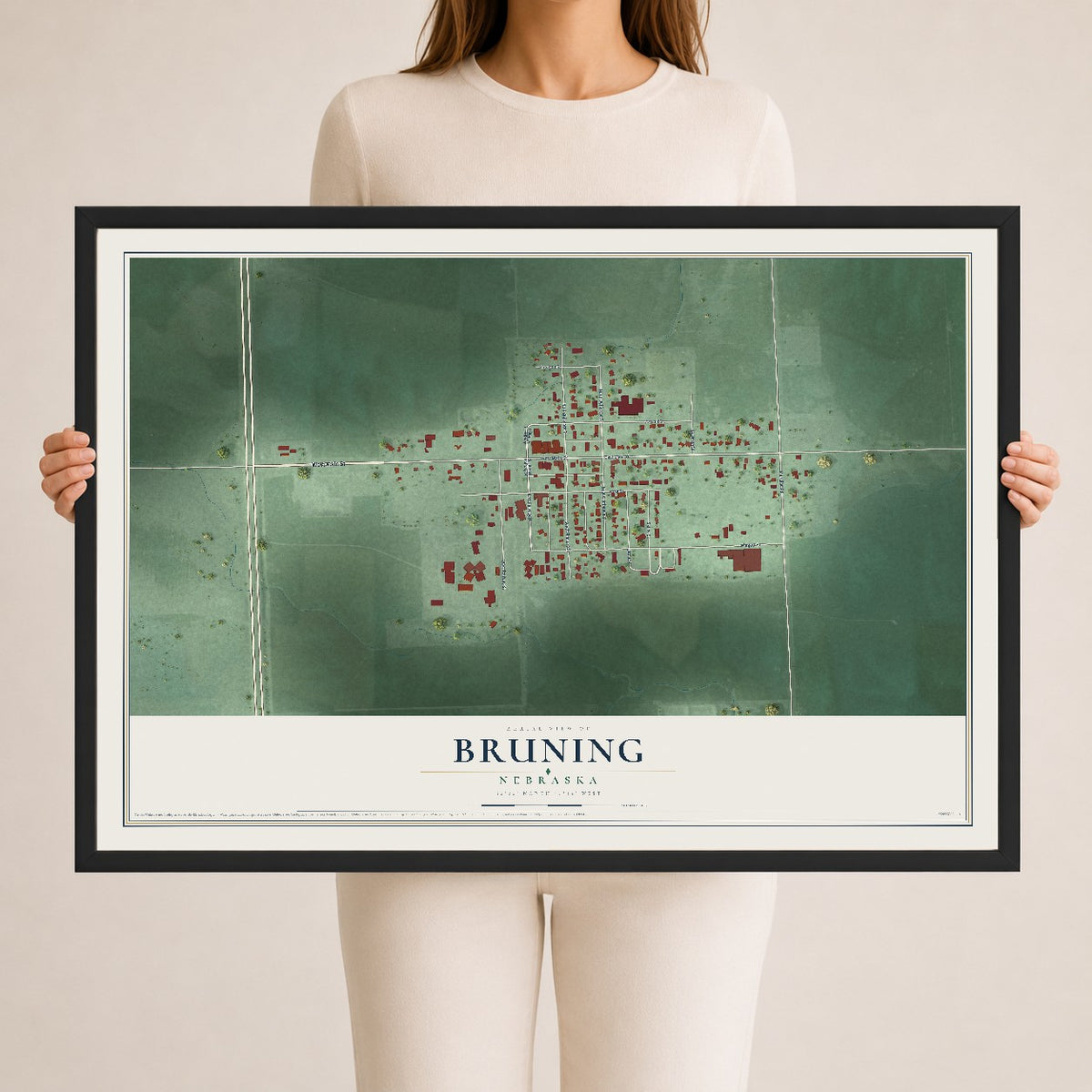 Map of Bruning, Nebraska, 24 x 36 inch print in a black wood frame