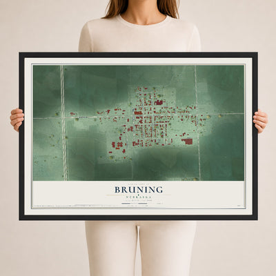 Map of Bruning, Nebraska, 24 x 36 inch print in a black wood frame