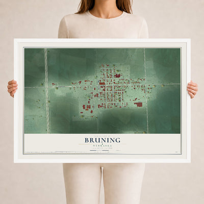 Map of Bruning, Nebraska, 24 x 36 inch print in a white wood frame