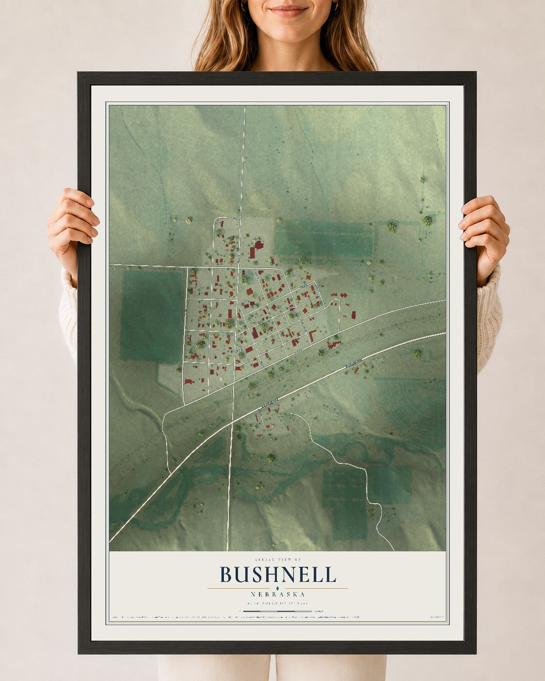 Map of Bushnell, Nebraska, 24 x 36 inch print in a black wood frame