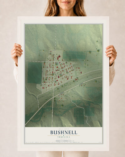 Map of Bushnell, Nebraska, 24 x 36 inch print in a white wood frame