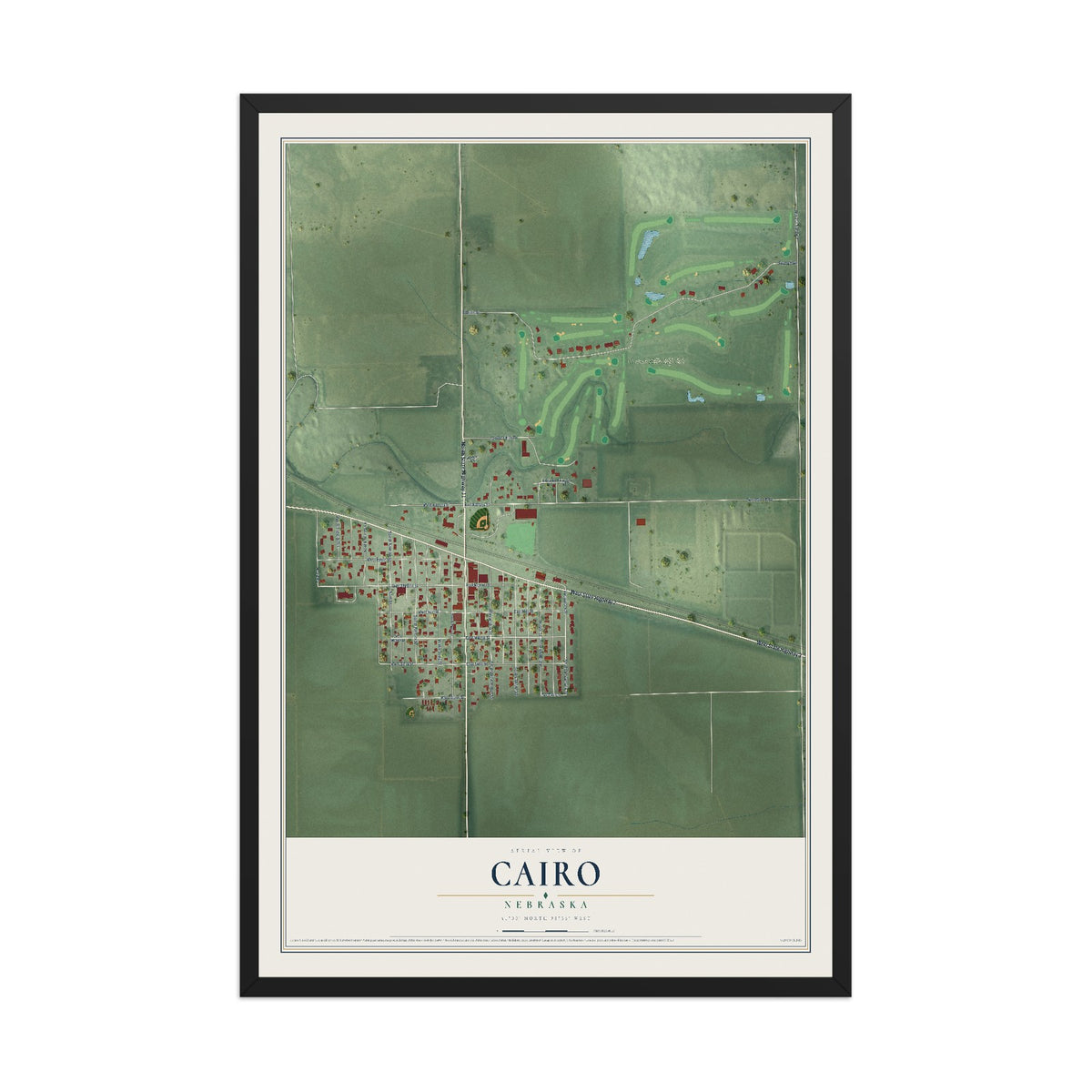 Map of Cairo, Nebraska, 12 x 18 inch print in a black wood frame