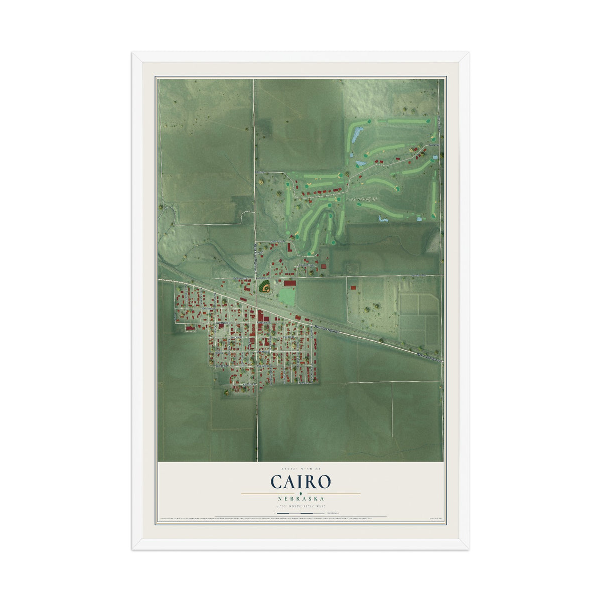 Map of Cairo, Nebraska, 12 x 18 inch print in a white wood frame