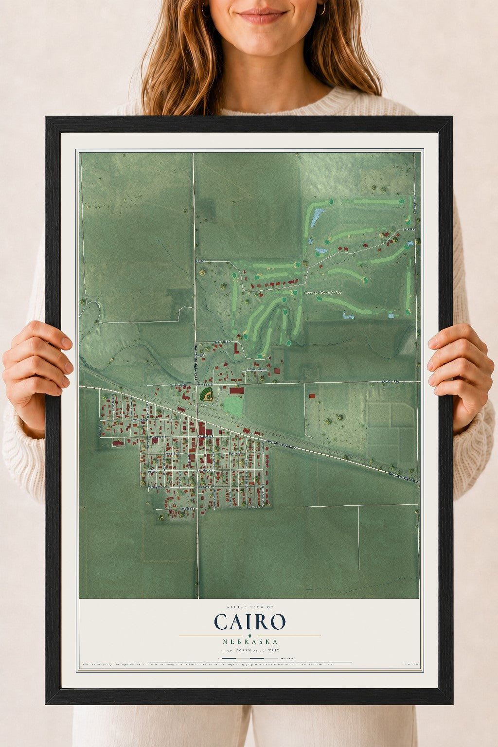 Map of Cairo, Nebraska, 18 x 24 inch print in a black wood frame