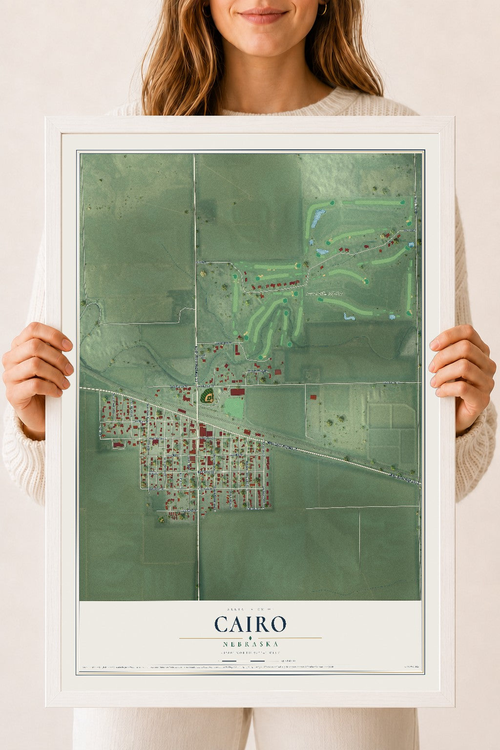 Map of Cairo, Nebraska, 18 x 24 inch print in a white wood frame