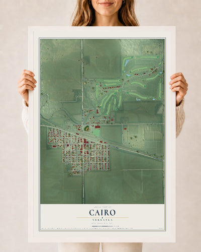 Map of Cairo, Nebraska, 24 x 36 inch print in a white wood frame