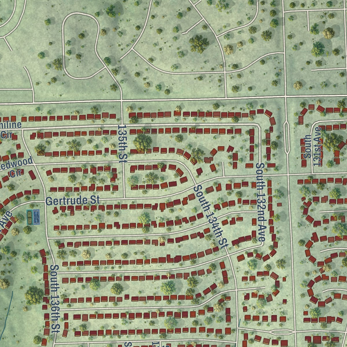 Close-up of the map of Chalco, Nebraska print showing street and building detail