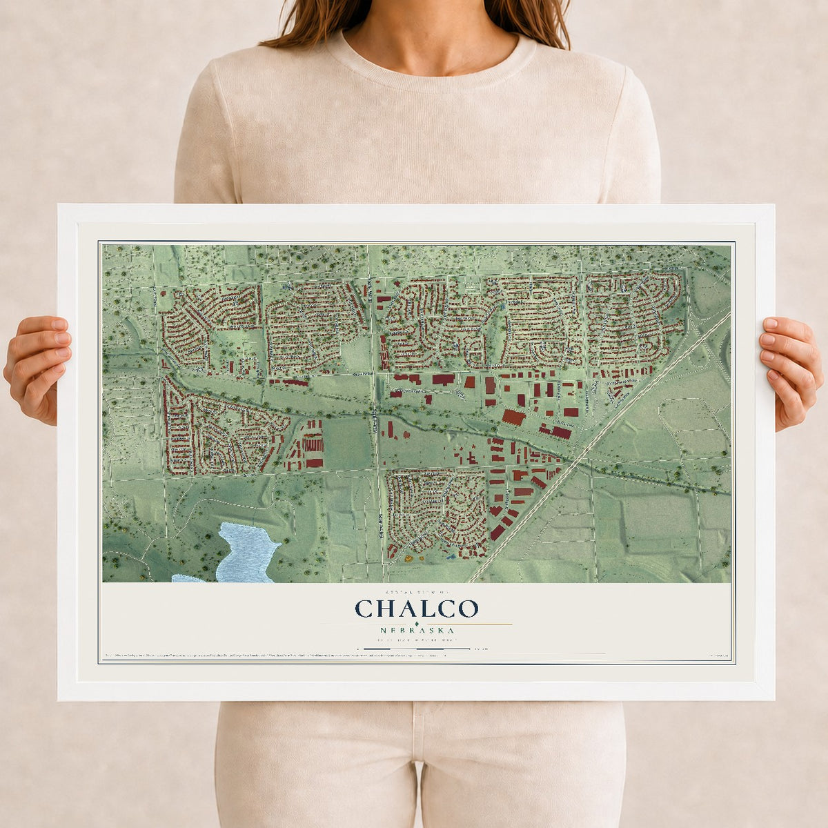 Map of Chalco, Nebraska, 12 x 18 inch print in a white wood frame