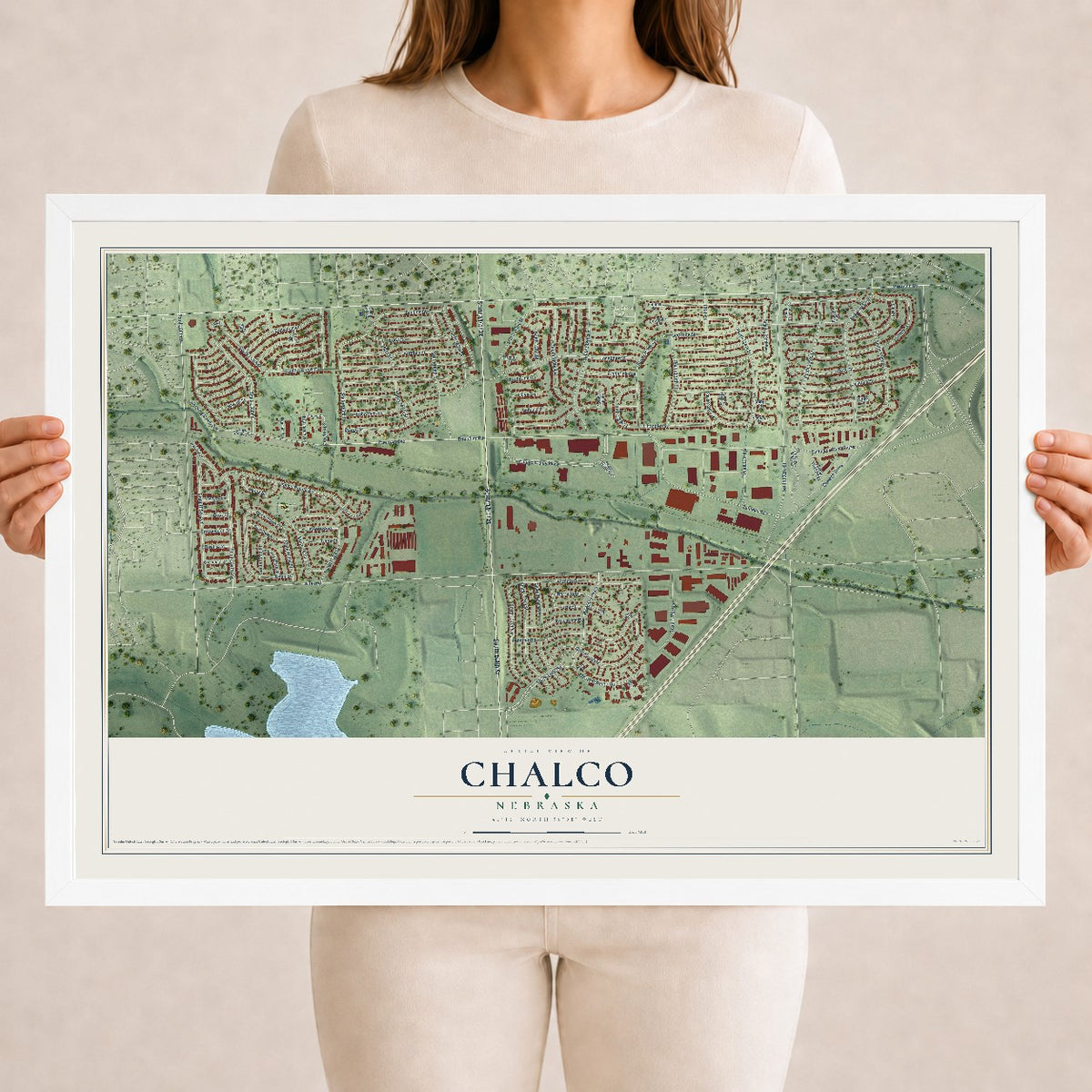 Map of Chalco, Nebraska, 18 x 24 inch print in a white wood frame