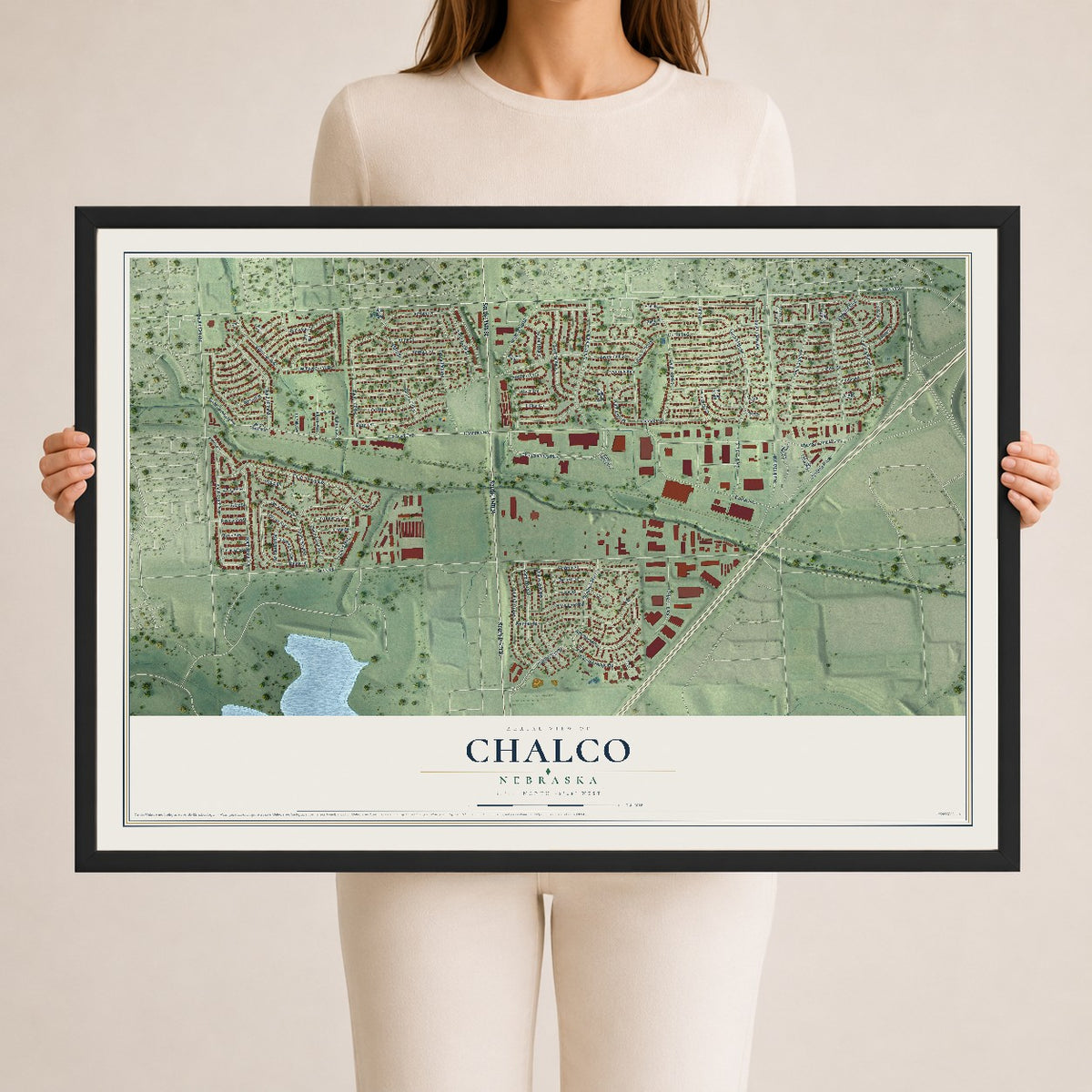 Map of Chalco, Nebraska, 24 x 36 inch print in a black wood frame