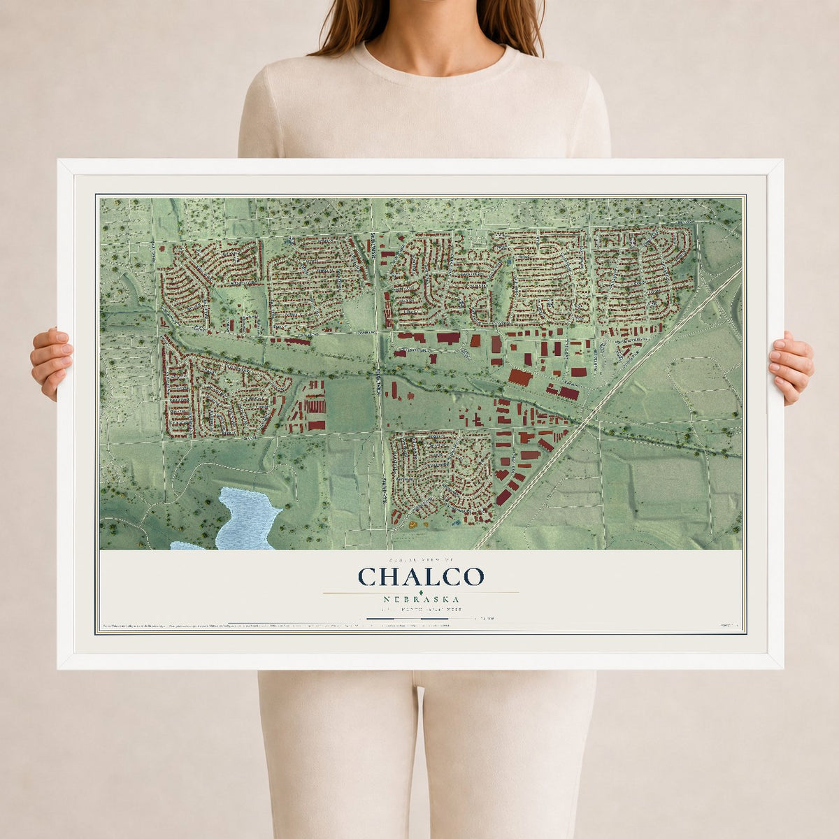 Map of Chalco, Nebraska, 24 x 36 inch print in a white wood frame