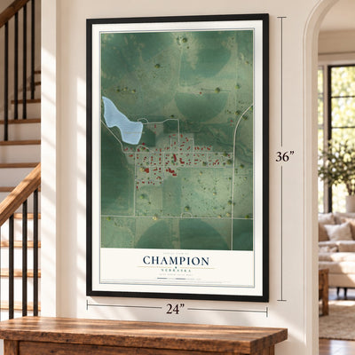 Champion, Nebraska map, 24 x 36 inch print in a black frame by a staircase