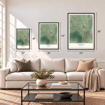 Cheney, Nebraska map in 12 x 18, 18 x 24 and 24 x 36 inch sizes above a sofa