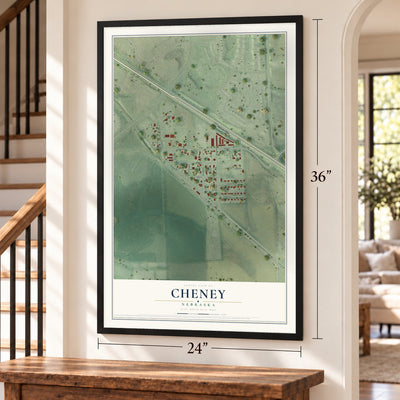Cheney, Nebraska map, 24 x 36 inch print in a black frame by a staircase
