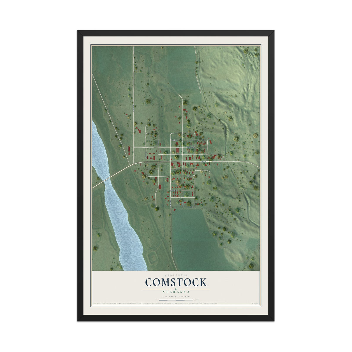 Map of Comstock, Nebraska, 12 x 18 inch print in a black wood frame