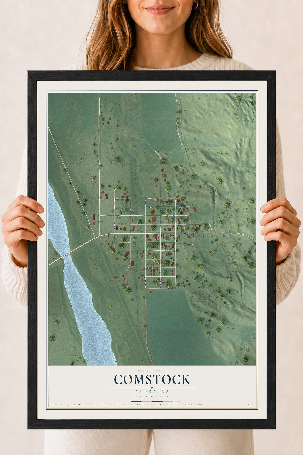 Map of Comstock, Nebraska, 18 x 24 inch print in a black wood frame