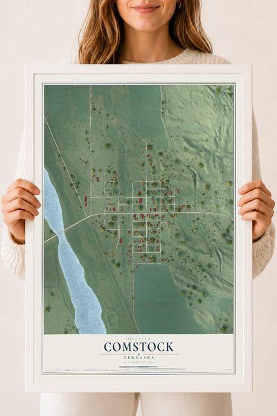 Map of Comstock, Nebraska, 18 x 24 inch print in a white wood frame