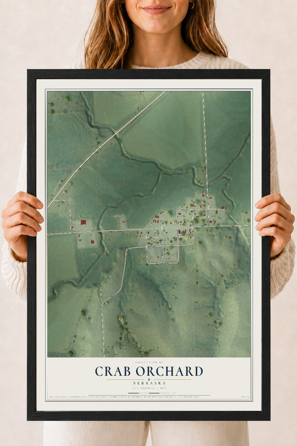Map of Crab Orchard, Nebraska, 18 x 24 inch print in a black wood frame