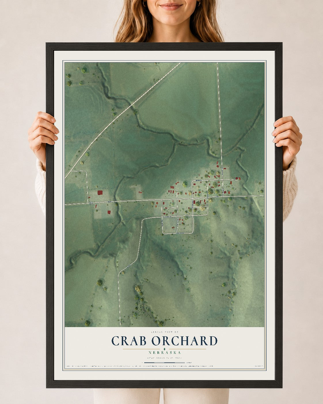 Map of Crab Orchard, Nebraska, 24 x 36 inch print in a black wood frame