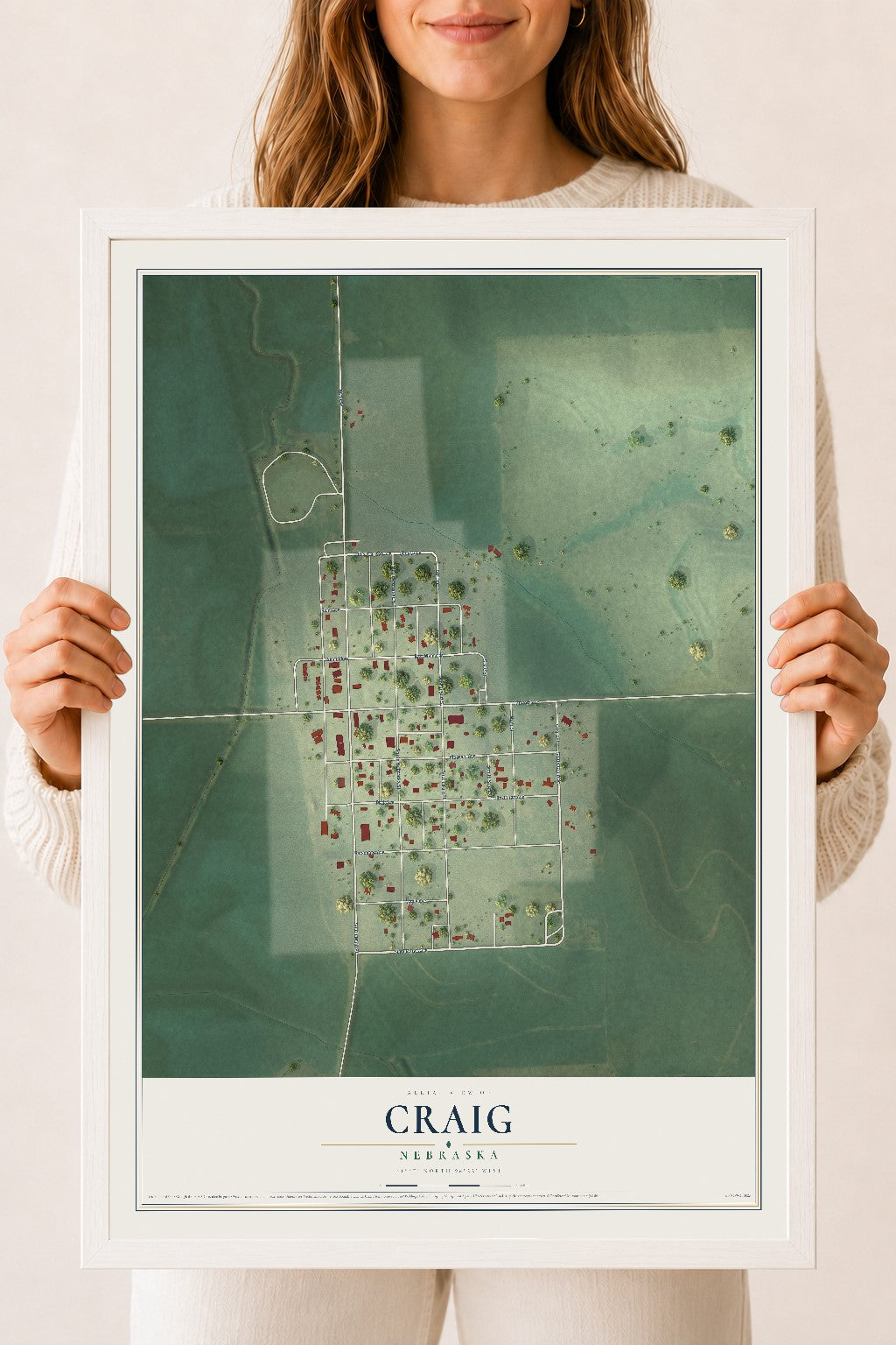 Map of Craig, Nebraska, 18 x 24 inch print in a white wood frame