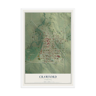 Map of Crawford, Nebraska, 12 x 18 inch print in a white wood frame