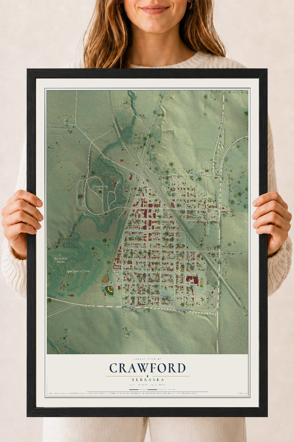 Map of Crawford, Nebraska, 18 x 24 inch print in a black wood frame