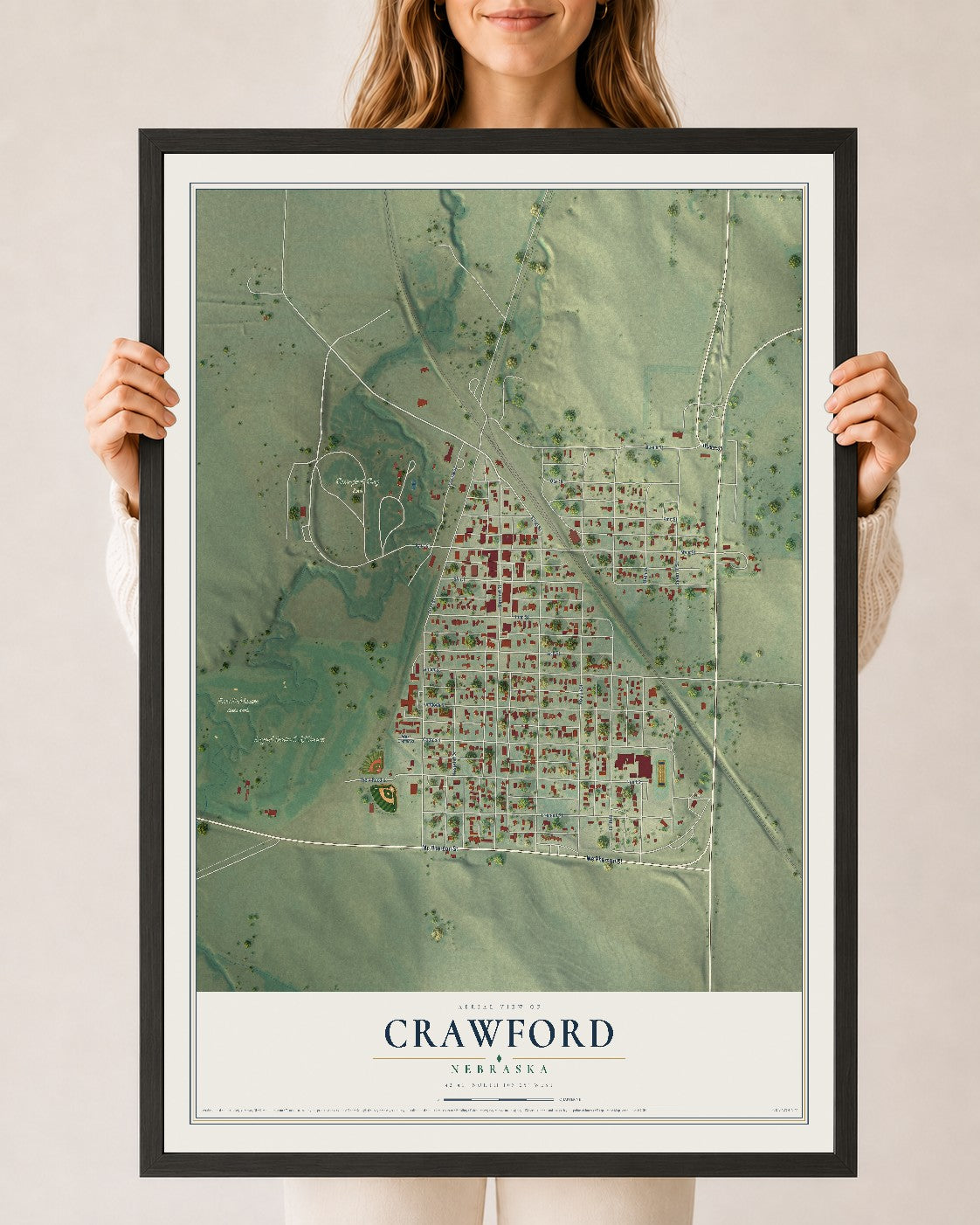 Map of Crawford, Nebraska, 24 x 36 inch print in a black wood frame