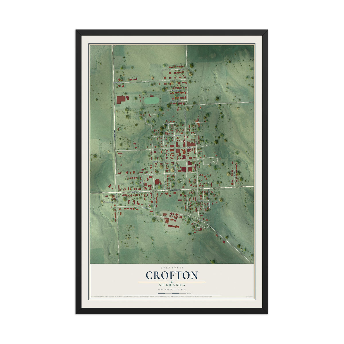 Map of Crofton, Nebraska, 12 x 18 inch print in a black wood frame