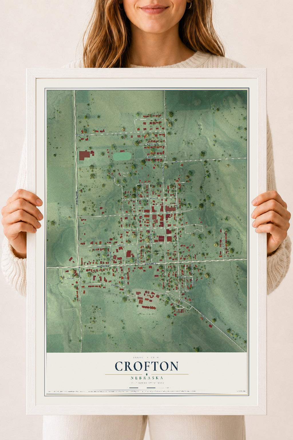 Map of Crofton, Nebraska, 18 x 24 inch print in a white wood frame